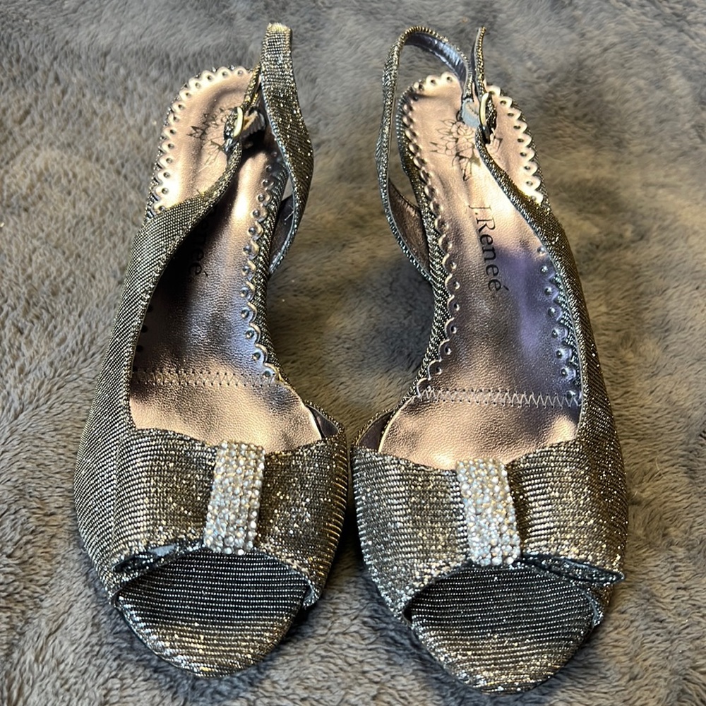 Worn Once! Silver Sparkly Heels With A Bow - image 1